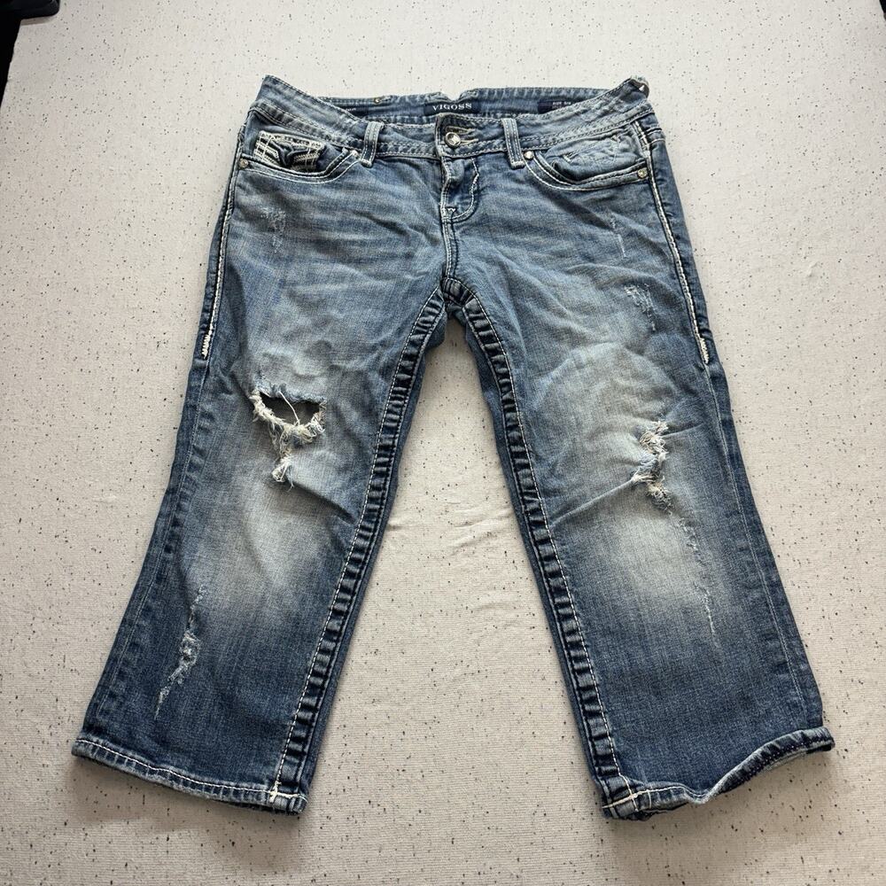 Vigoss The Dublin Capri Jeans Womens Size 5/6 Distressed Bling Thick Stitch Blue